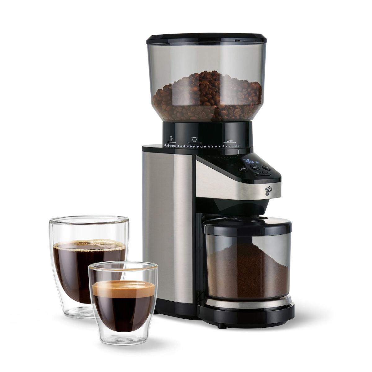 Tchibo elektrische Kaffeemühle, eingebaute Waage, Kegelmahlwerk, Schwarz/Silber Image