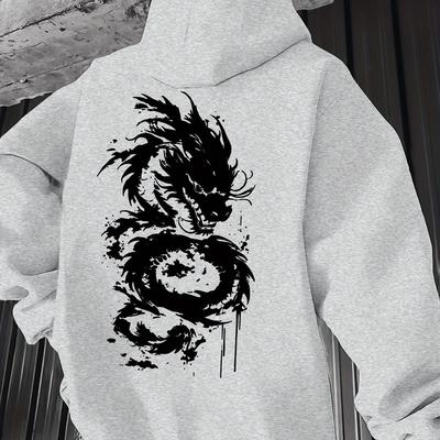 TEMU Men's Geometric Dragon Print Hooded Sweatshirt - Contrast Casual Pullover With Kangaroo Pocket, Adjustable Drawstring Hood, Machine Washable For Spring/fall, Dragon Hoodie, Apparel Image