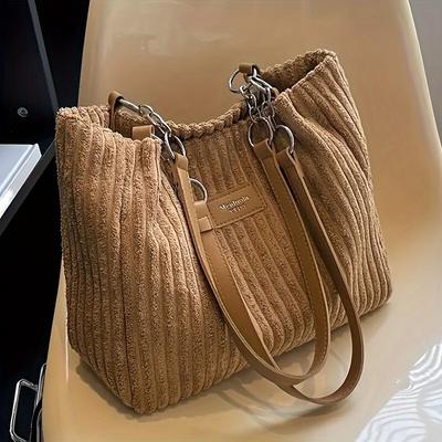TEMU Elegant Corduroy Tote Bag For Women, Chain Strap Shoulder Bag, Large Capacity, Daily Handbag, Polyester , Zip Closure, No Print, No Fur, In Black, , Khaki, Green Image