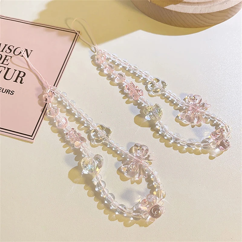 Koreanische Rosa Bär Schmetterling Blume Telefon Gurt Charme Kette Knoten Handy Lanyard Schlüsselbund Frau Mädchen Tasche Kamera Anhänger Für Fall Image