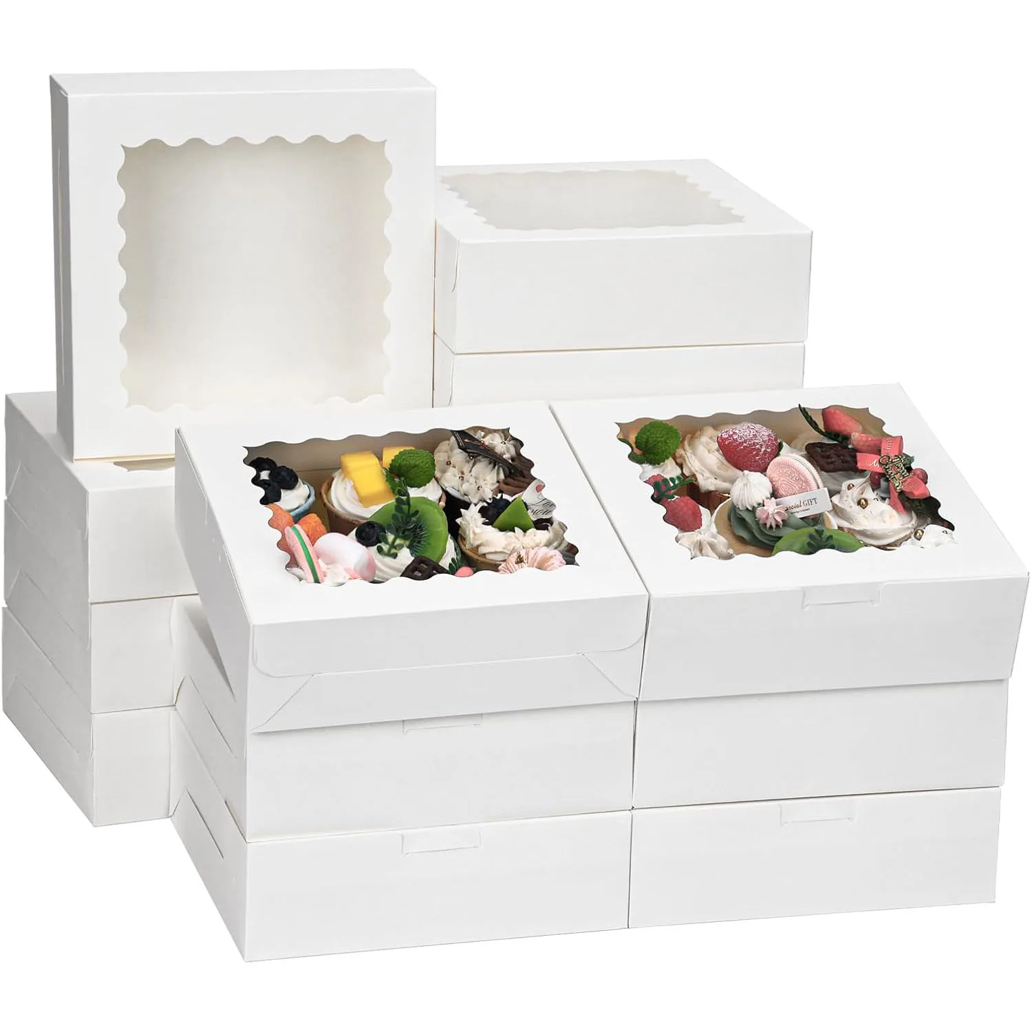 Mehrteilige Keksboxen mit Fenster, weiße Leckerliboxen, Kuchenboxen, Gebäckboxen für Donuts, Schokoladen-Erdbeeren, Geburtstagsfeier Image