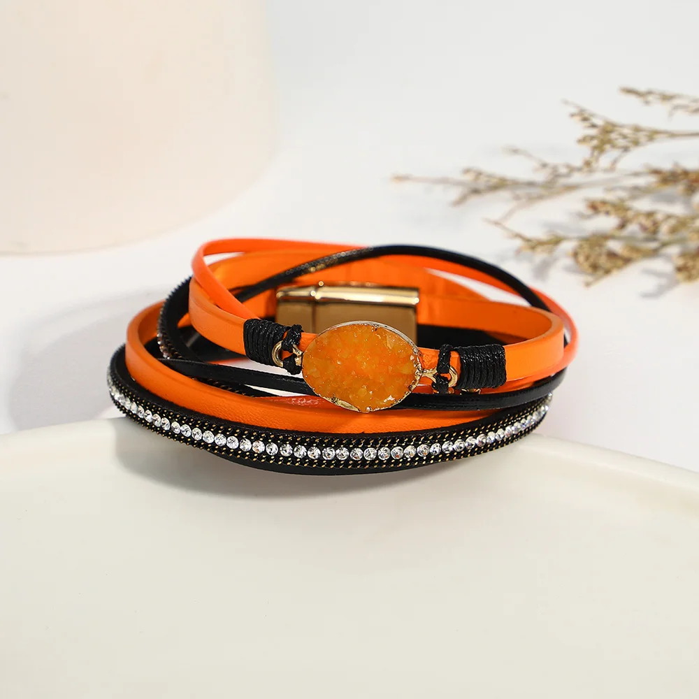 Allyes Vintage Stein mehr schicht ige Wickel Leder Armband für Frauen Halloween Orange Kürbis Strass lange Armbänder Schmuck Geschenk Image