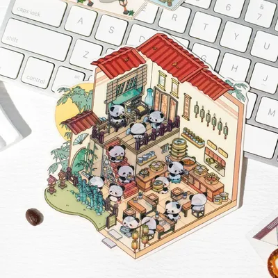 Pandan Village Niedliche 3D-Landschaftsbau-Aufkleber, Miniatur-Szene, DIY-Hütte, Szene, Stapeln, Image