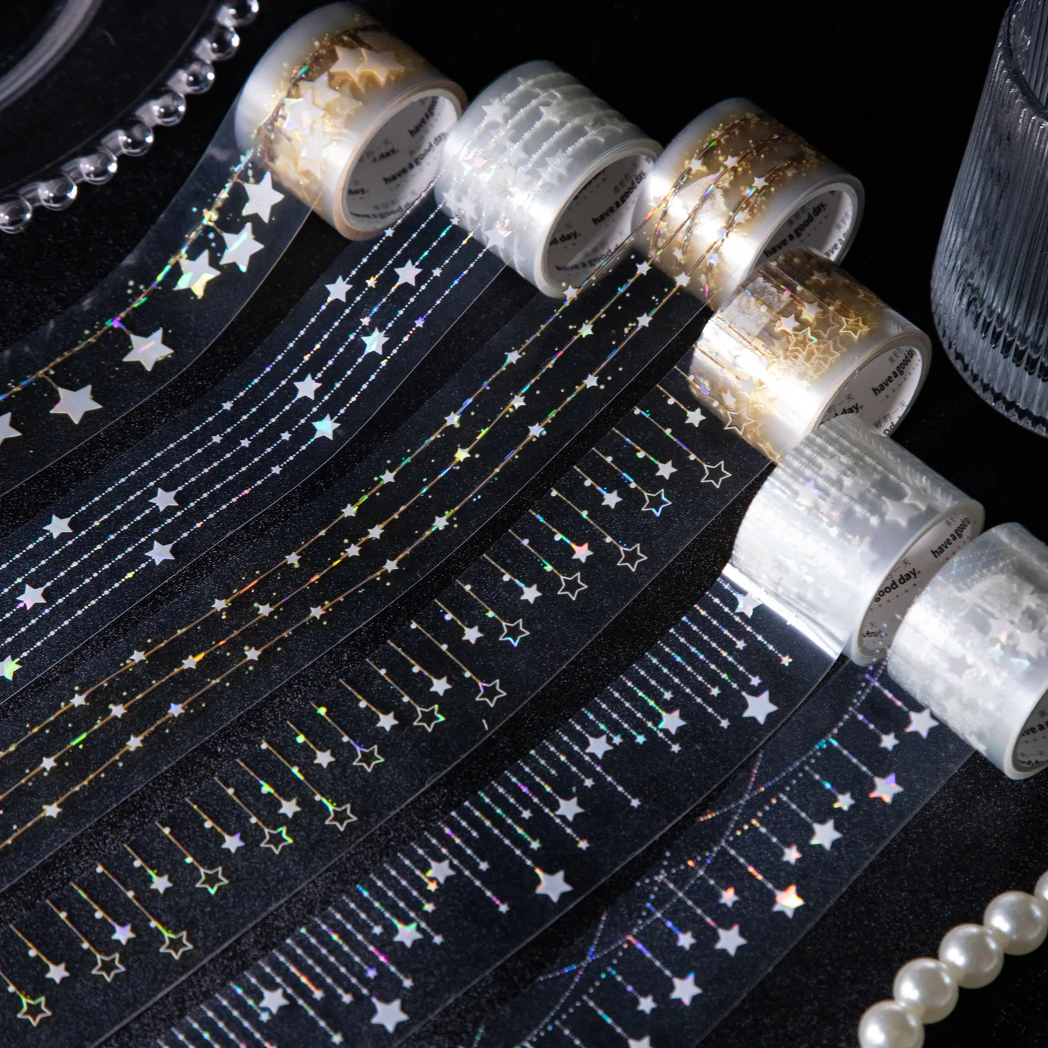 1 rolle 3*200 cm laser Stern vorhang band Aufkleber Kreativität Klebstoff Diy Hand Konto Tagebuch Scrapbooking Junk Journal liefert Image