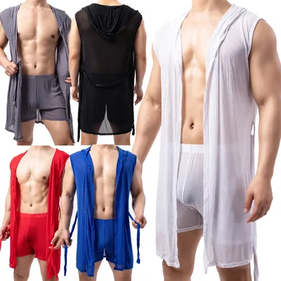 Männer Sexy Pyjamas Nachtwäsche Seide Pijama Hombre Kapuze Bademantel Männer Bad Sommer Kleid Bad Robe Image