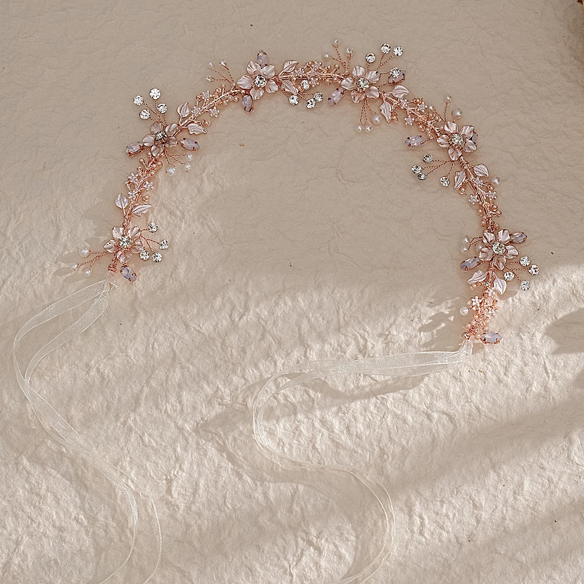 Einfaches, handgefertigtes Perlen-Braut-Haarband, Roségold-Gelee, Strass-Legierung, Stirnband, Hochzeit, Kopfschmuck, Zubehör Image