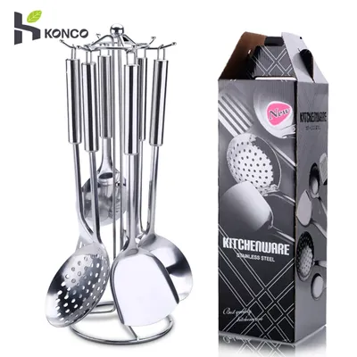 KONCO 6 Pieces Kictche Cooking Utensil Set Stainless Steel Cookware Set with Organizer Holder Stand