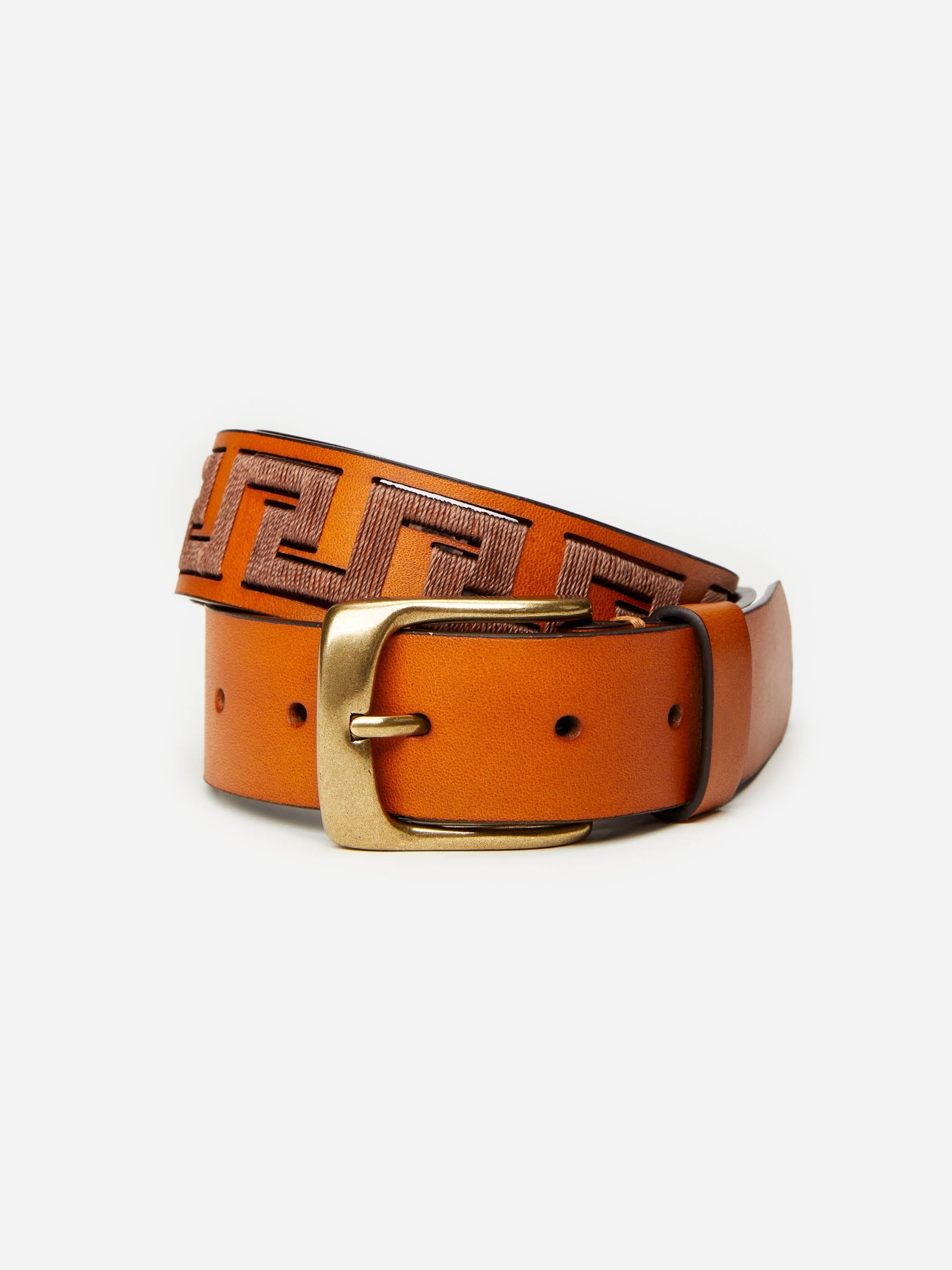 J.McLaughlin Men's Caerus Leather Belt in Greek Key Natural/Dark Brown, Size 42