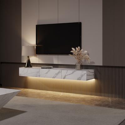 70.87"Modern Matte Sintered Stone Floating TV Stand with LED Lights,White Wall-Mounted TV Console with Drawers with Adjustable Light