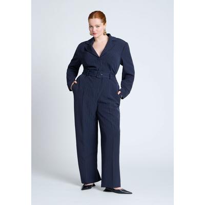 Plus Size Women's Pinstripe Jumpsuit With Belt by ELOQUII in Navy Pinstripe (Size 26)