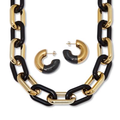 Women's Acrylic Link Necklace Black and Gold Ion-Plated Stainless Steel Earrings Set by PalmBeach Jewelry in Gold Black (Size ONE SIZE)
