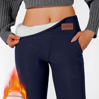 TEMU Women's High-waist Fleece-lined Leggings With Pockets - Navy Blue, Stretchy & Warm, Ideal For Running And Cycling In Fall/winter, Outdoor Activewear|sporty Design|fleecelined , Workout Leggings Image