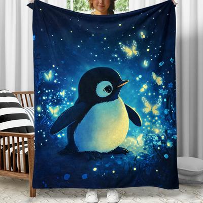 TEMU 1pc Cute Penguin Print Fleece Blanket, Lightweight Flannel Throw For Sofa, Bed, Travel, Camping, Livingroom, Office, Couch, Chair, And Bed - Digital Printing, , Polyester Fabric, Machine Washable Image