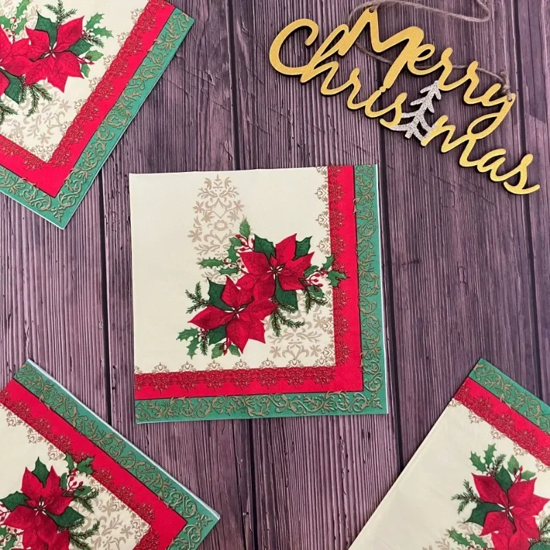 20 Stück 2-lagige 33 cm Weihnachtsservietten, rote Weihnachtsblumen, bedruckte Papierservietten, Einweg-Tischsets, bunte bedruckte Servietten Image