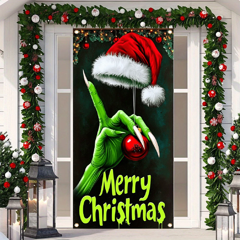 Frohe Weihnachten Tür Abdeckung Weihnachten Grün Elf Fotografie Hintergrund Winter Urlaub Geburtstag Party Dekor Indoor Outdoor Veranda Banner Image