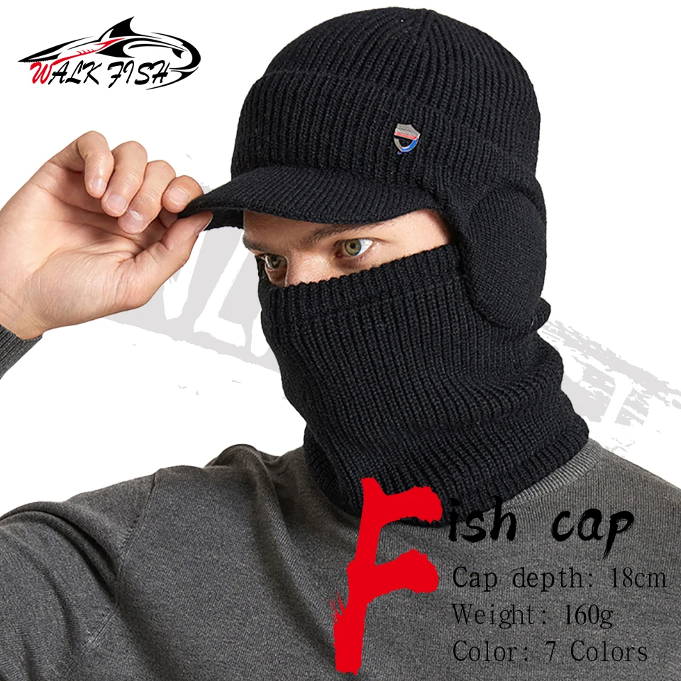 WALK FISH Winter Angeln Wärme Gehörschutz Mütze Schal Set mit Samtmütze Unisex Skifahren Winddichter Pullover Strickmütze Image