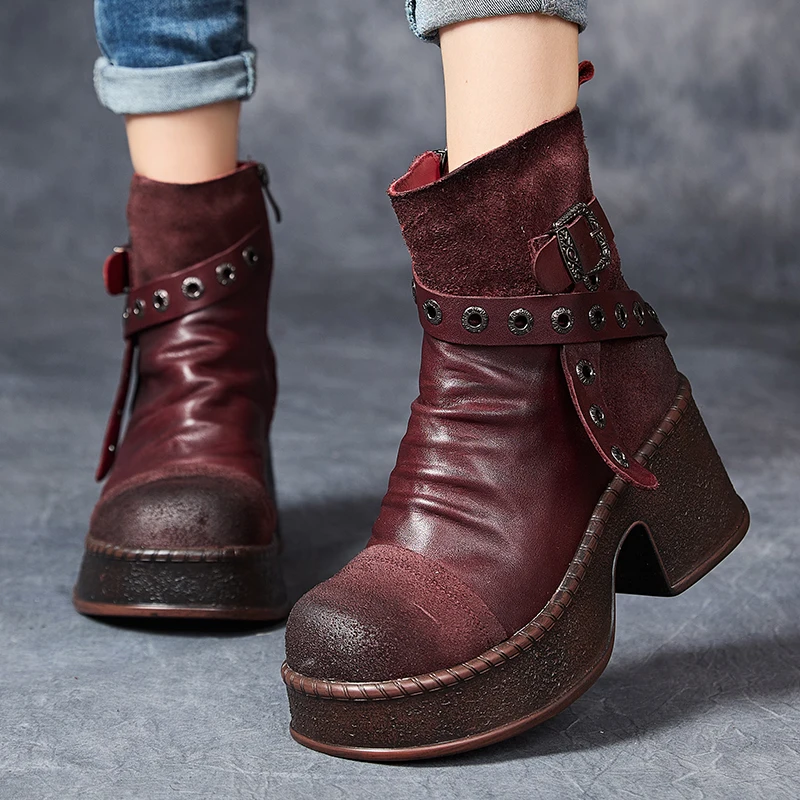 GKTINOO Damen-Motorradstiefel aus echtem Leder, 2025, neuer Reißverschluss, runde Zehen, Damenschuhe, Nähen, handgefertigt, Retro-Knöchel-Plateaustiefel Image