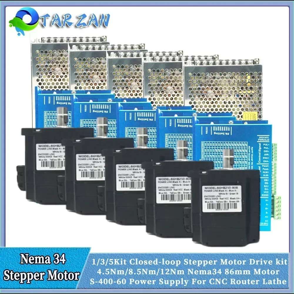 1-3 Achsen Nema34 Schrittmotor mit geschlossenem Regelkreis 4,5/8,5/12 Nm 6A 86 mm Hybrid-Servomotor mit Encodertreiber 400 W Netzteil-Kit CNC Image