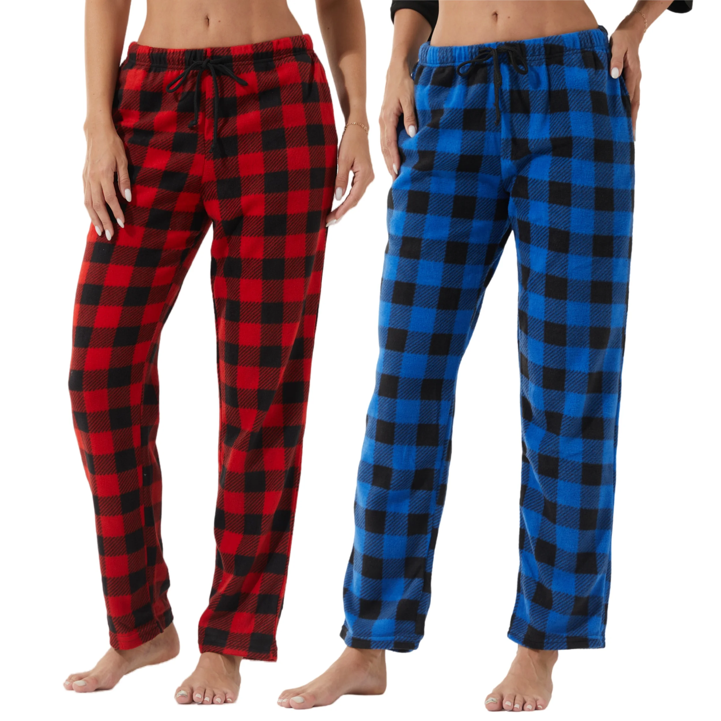 2er-Pack Pyjamahosen für Damen, Fuzzy Pack, lange Fleece-Pyjama-Hose mit Büffelkaro, weiche Lounge-Nachtwäsche mit Kordelzug Image