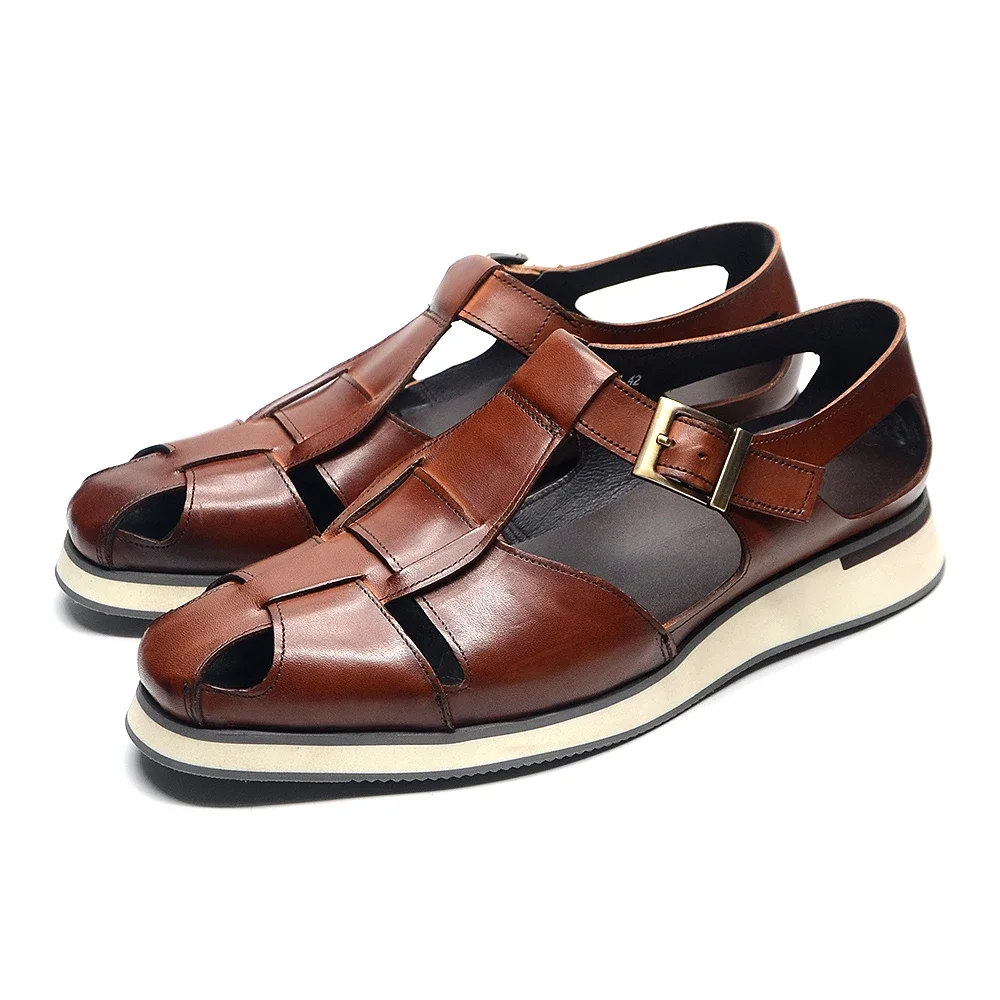 Xebos Herren Sandalen Echt leder Rindsleder Sommer Outdoor flache Schuhe lässige Turnschuhe Schnallen riemen schwarz braun männliche Schuhe