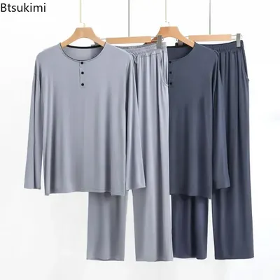2025, Modal-Pyjama-Sets für Herren, langärmelig, Henley-Hemd, Oberteile und Hosen, zweiteilig, Image