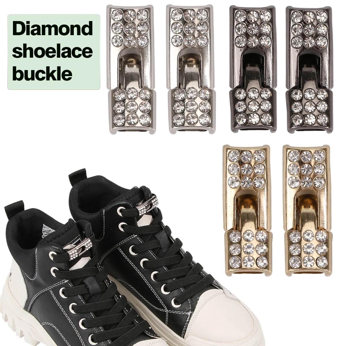 2 Stück mit Bling Diamond Charms, die Sneaker-Schnallen, Diamant-Schnürsenkelschnalle, Lazy Man's Schnürsenkelschnalle, Schwarz, Silber, Gold Image
