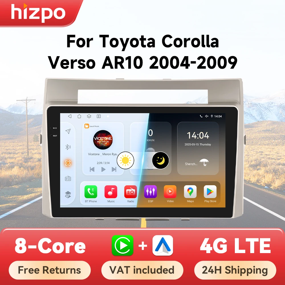 Hizpo Android 14 Auto Radio Für Toyota Corolla Verso AR10 2004-2009 Multimedia Video Auto Carplay Player GPS 360 Kamera DSP GPS Image