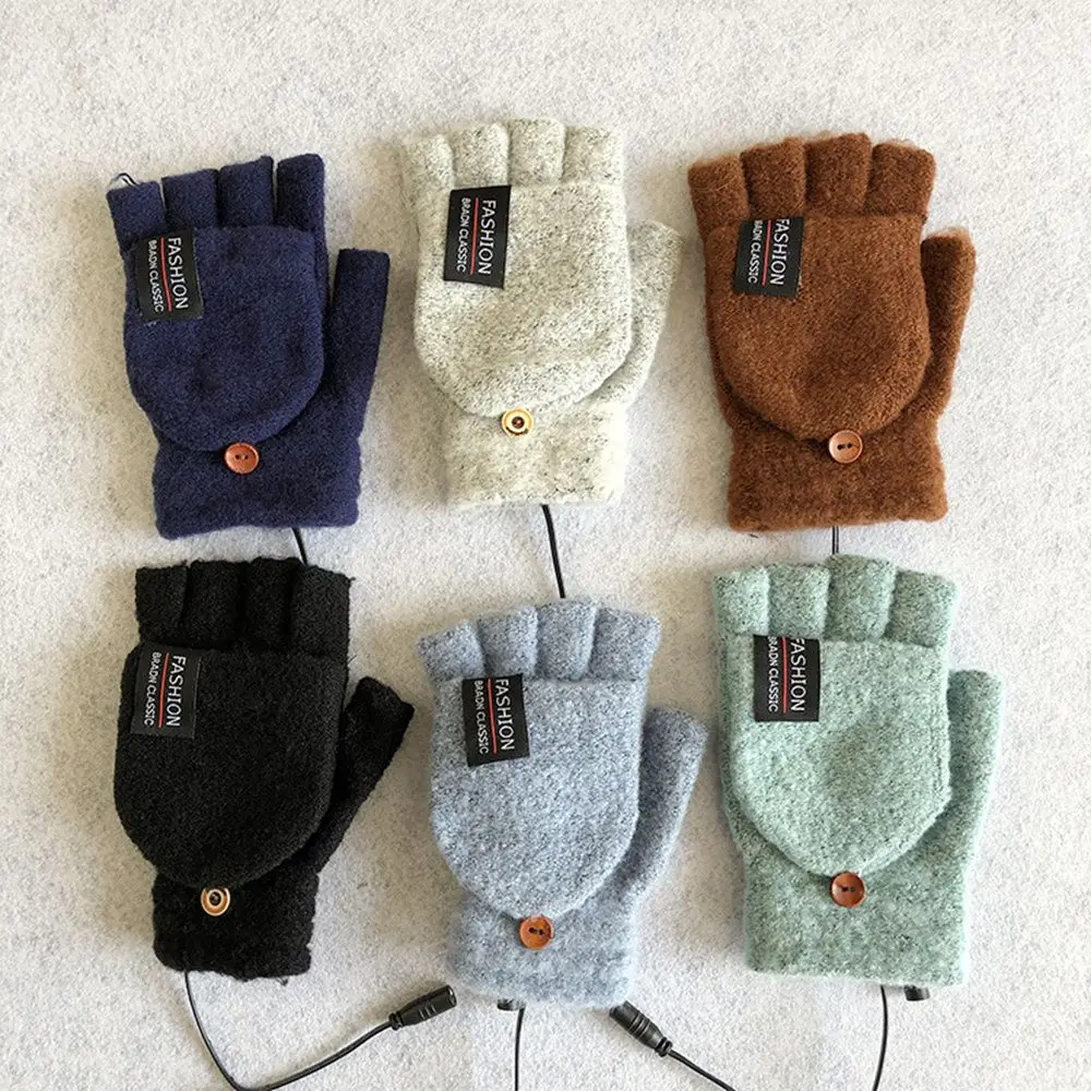 1 paar Unisex USB Elektrische Heizung Winter Outdoor Beheizte Handschuhe Reine Farbe Volle Halb Finger Wärmer Stricken Handschuh Image