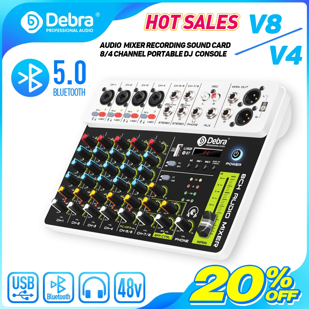 Debra V8 8 Kanäle Audio Mixer mit Bluetooth USB 48V Phantom Power Verzögerung Wiederholung Effekt für Sound Mischpult PC Aufnahme Image