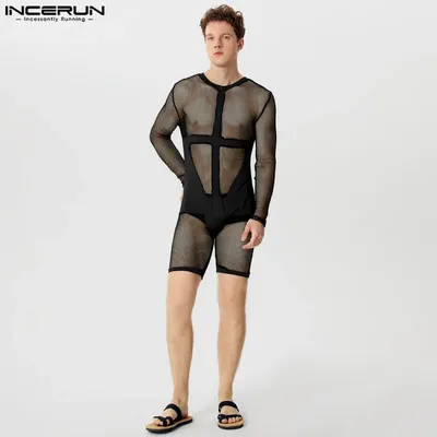 INCERUN Männer Bodys Mesh Patchwork Transparent Sexy Oansatz Langarm Männliche Strampler 2024 Dünne Image