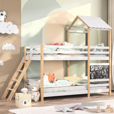 Etagenbett 90x200 cm, 2 Plätze, mit Zeichentafel, Treppe, Lattenrost, Sicherheitszaun, Kinderbett Image