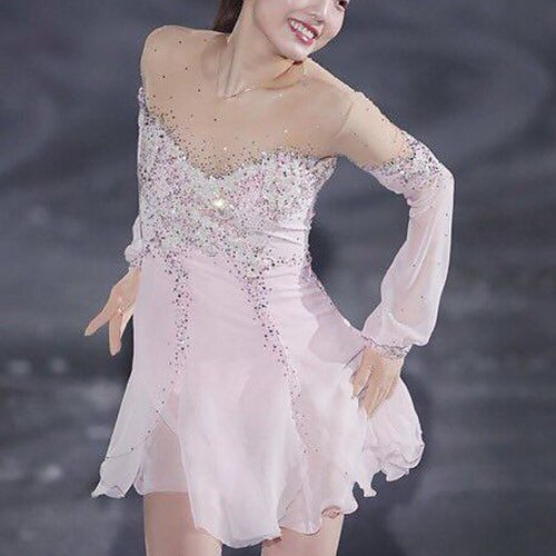 Eiskunstlaufkleid Damen Mädchen Eislaufen Kleider Rosa Patchwork Daumenloch Gitter Spandex elastisch Ausbildung Praxis Professionell Eiskunstlaufkleidung warm Kristalle Langarm Eislaufen Eiskundstlauf Image