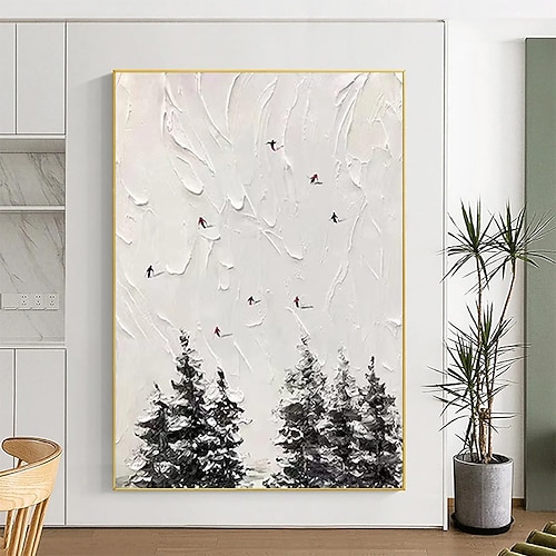 handgemaltes 3D weißes Schneefeld Skifahren Leinwand Handgemälde Original Skifahrer Geschenk personalisiertes Winter Dekor strukturiertes Messergemälde Skikunst weißer Kiefernrahmen fertig zum Image