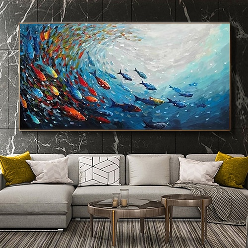 handgemachte abstrakte blaue Meeresfische Leinwand Malerei nordische Kunst Graffiti große Größe moderne Wohnzimmer Wohndekoration Bild kein Rahmen Image