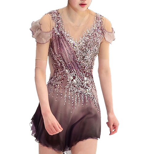 Eiskunstlaufkleid Damen Mädchen Eislaufen Kleider Pudriges Rosa Patchwork Daumenloch Gitter Spandex elastisch Ausbildung Praxis Professionell Eiskunstlaufkleidung warm Kristalle Langarm Eislaufen Image