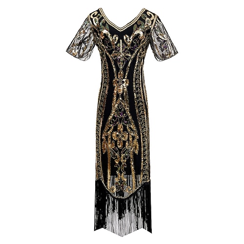 1920er Vintage inspiriert Der große Gatsby Knielang Kurze Länge Flapper Kleid Illusionsärmel Kurze Ärmel Der große Gatsby Hochzeitsgast Pailletten Pailletten V Ausschnitt Kostüm Damen Karneval Image