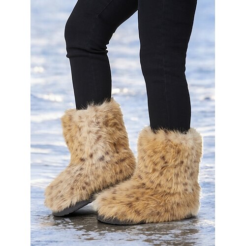 Damen-Schneestiefel aus Kunstfell mit Leopardenmuster – warme und stylische Winterstiefeletten für draußen bei kaltem Wetter Image