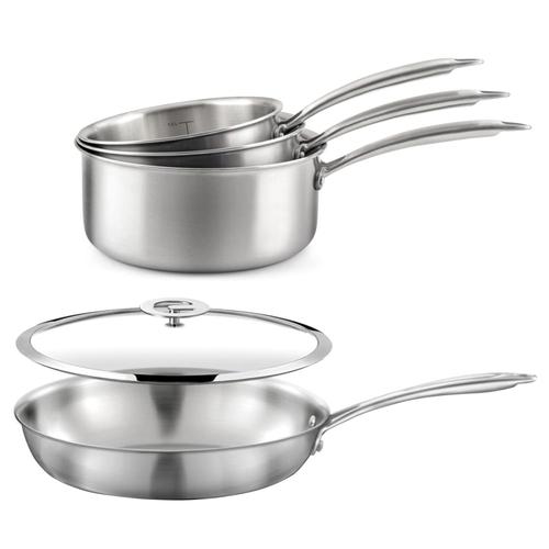 Lot de 3 casseroles inox 16/18/20cm, 1 poêle inox 24cm, 1 couvercle 2