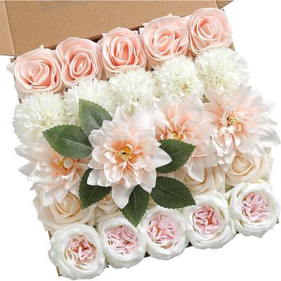 25pcs/set Artificial Flowers Wedding Decoration Rose Bouquets Valentine's Day Gift Real Looking Ivory Foam Fake Roses with Stems for DIY Wedding Bouquets White Bridal