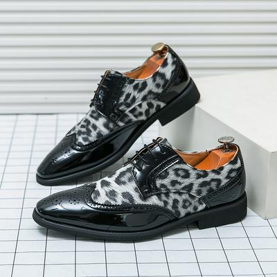 Men's Leopard Print Oxford Shoes - Patent Faux Leather Accents with Brogue Detailing for Formal and Party Occasions