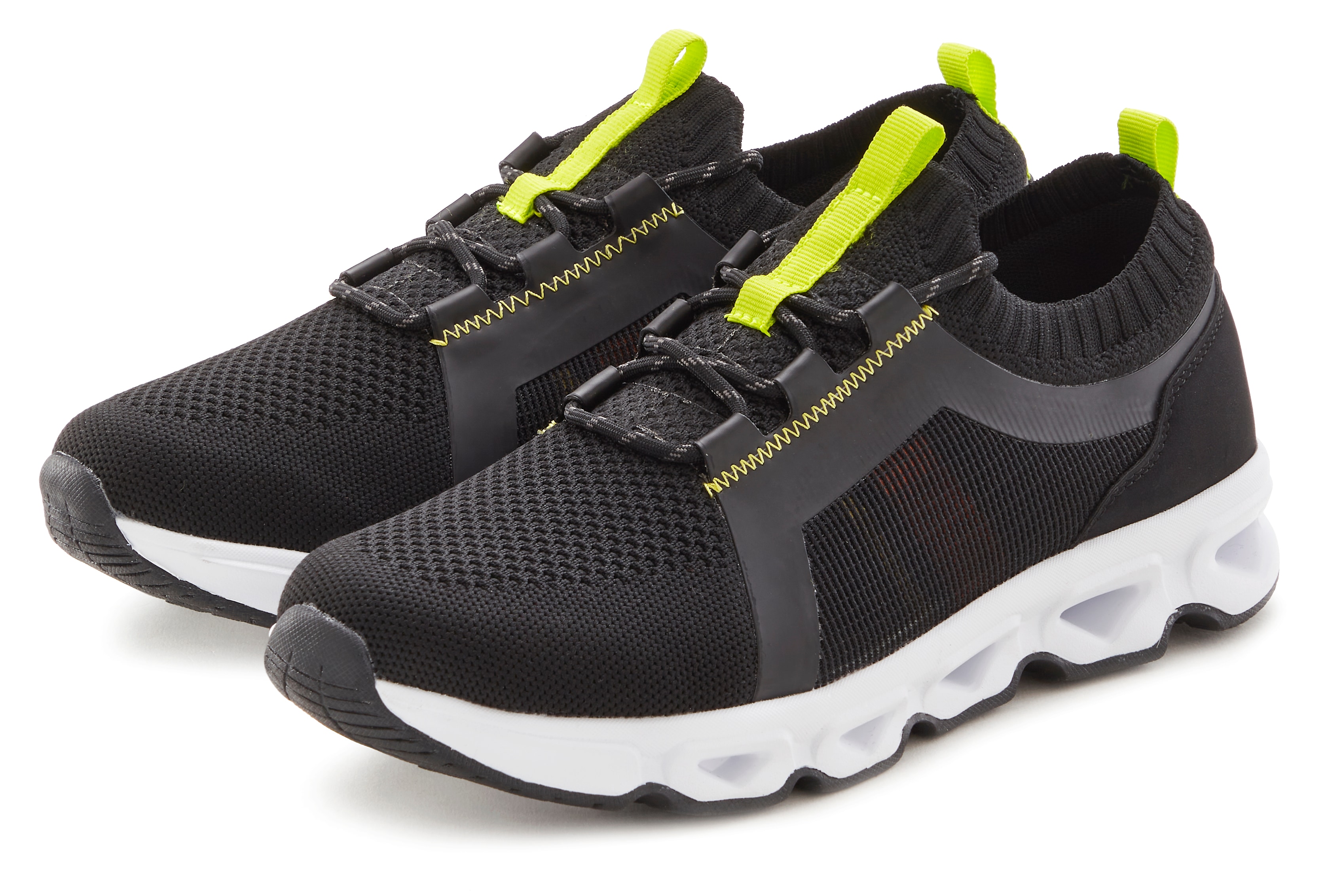 Sneaker JOHN DEVIN "Schnürschuh", Damen, Gr. 41, schwarz (schwarz, neon), Obermaterial: 60% Textilmaterial, 40% Lederimitat. Decksohle: 100% Textilmaterial. Futter: 100% Textilmaterial. Laufsohle: 100% Synthetik, unifarben mit Farbeinsätzen, Schuhe...