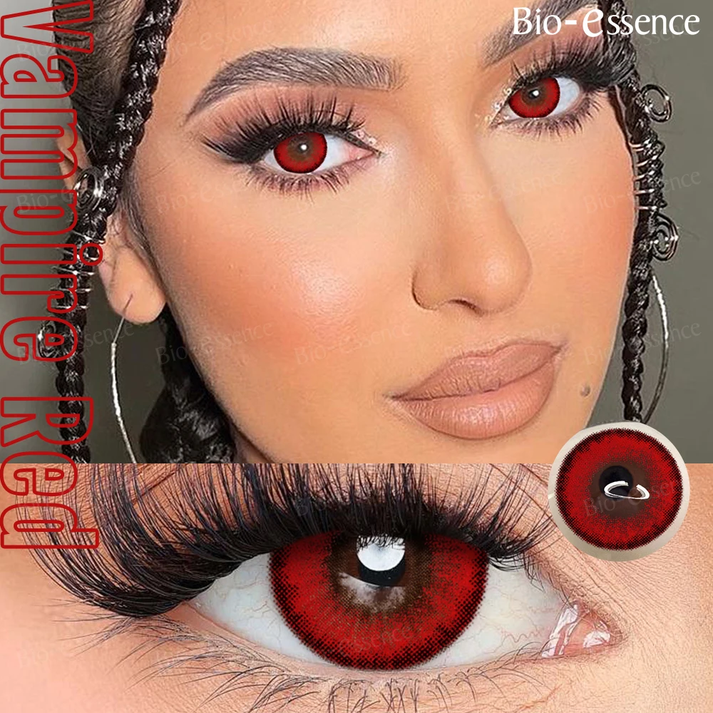 Lentilles de contact bio-essence 2 pièces lentilles de contact colorées lentilles rouges cosplay 1 an lentilles de beauté de couleur de mode lentille d