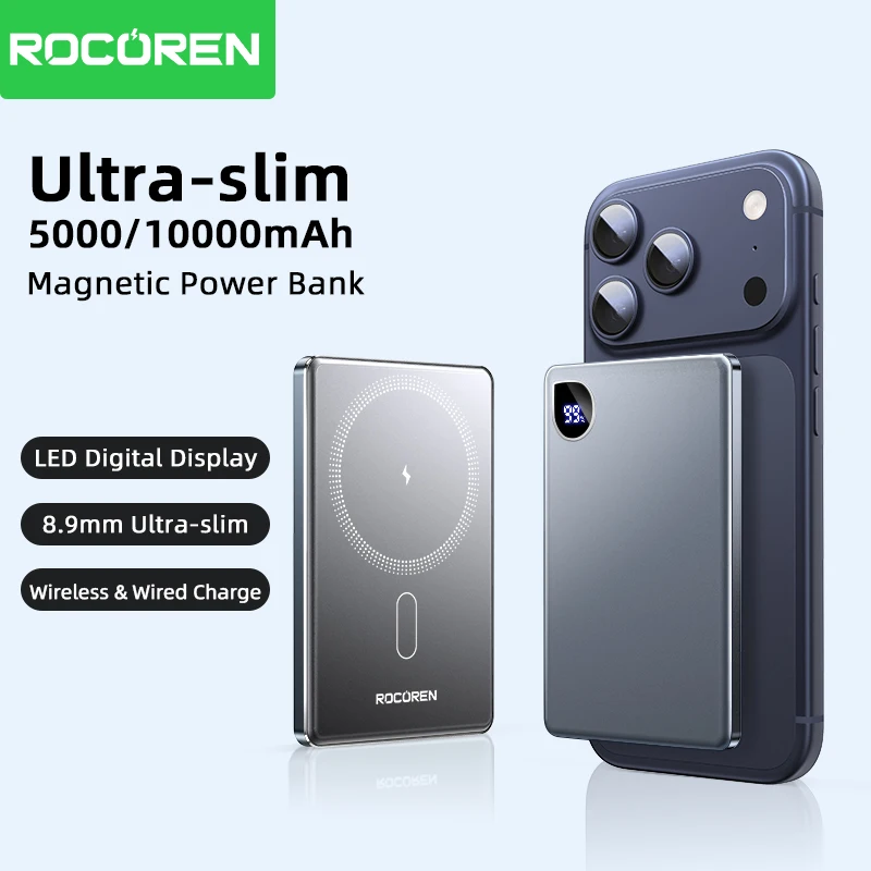 Rocoren 10000mAh PowerBank magnetico ricarica rapida 5000mAh Power Bank caricabatterie wireless portatile batteria per iPhone 17 16 Pro Max