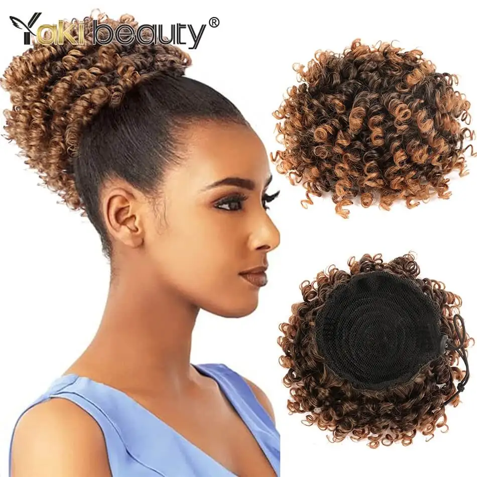 Synthetische Afro Puff Curly Chignon 8 Zoll kurze verworrene lockige Kordelzug Pferdeschwanz Haarverlängerung Haarteile für Frauen Image