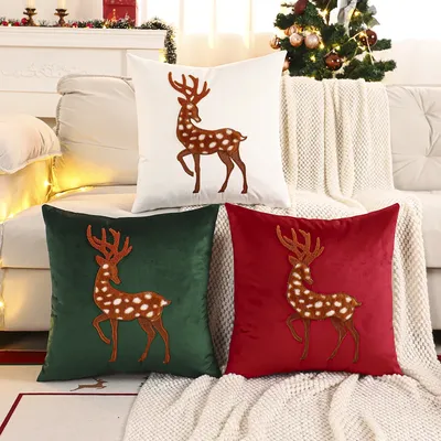 1PC Weihnachten Hirsch Dekokissenbezug Samt Stickerei Weihnachtsdekoration Wohnzimmer Image