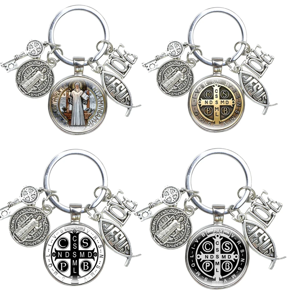Heiliger Benedikt-Medaillon-Schlüsselanhänger, religiöser Schmuck, I LOVE JESUS, Legierung, Kunsthandwerk, Charms, gewölbtes Glas, katholischer San Benito-Schlüsselanhänger Image