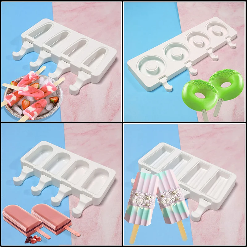 Food Grade 4-Zellen-Silikon-Eis am Stiel-Formen, Donuts-Form, Eiscreme-Formen, Sommer-Eis-Lolly-Werkzeuge, Eiswürfelform und Holzstäbchen Image