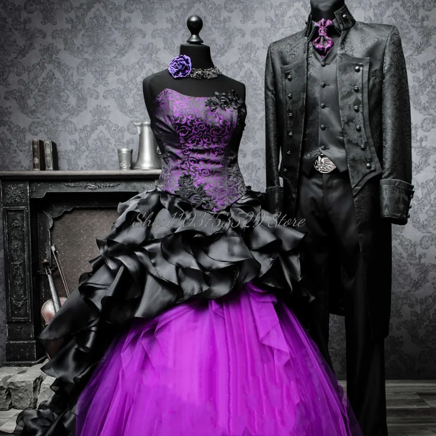 Elegante lila Vintage-Abschlussballkleider, klassische Gothic-Rokoko-Stickerei, Schnürung, Mantel, abgestuft, gerüscht, Halloween-Maskerade, individuell
