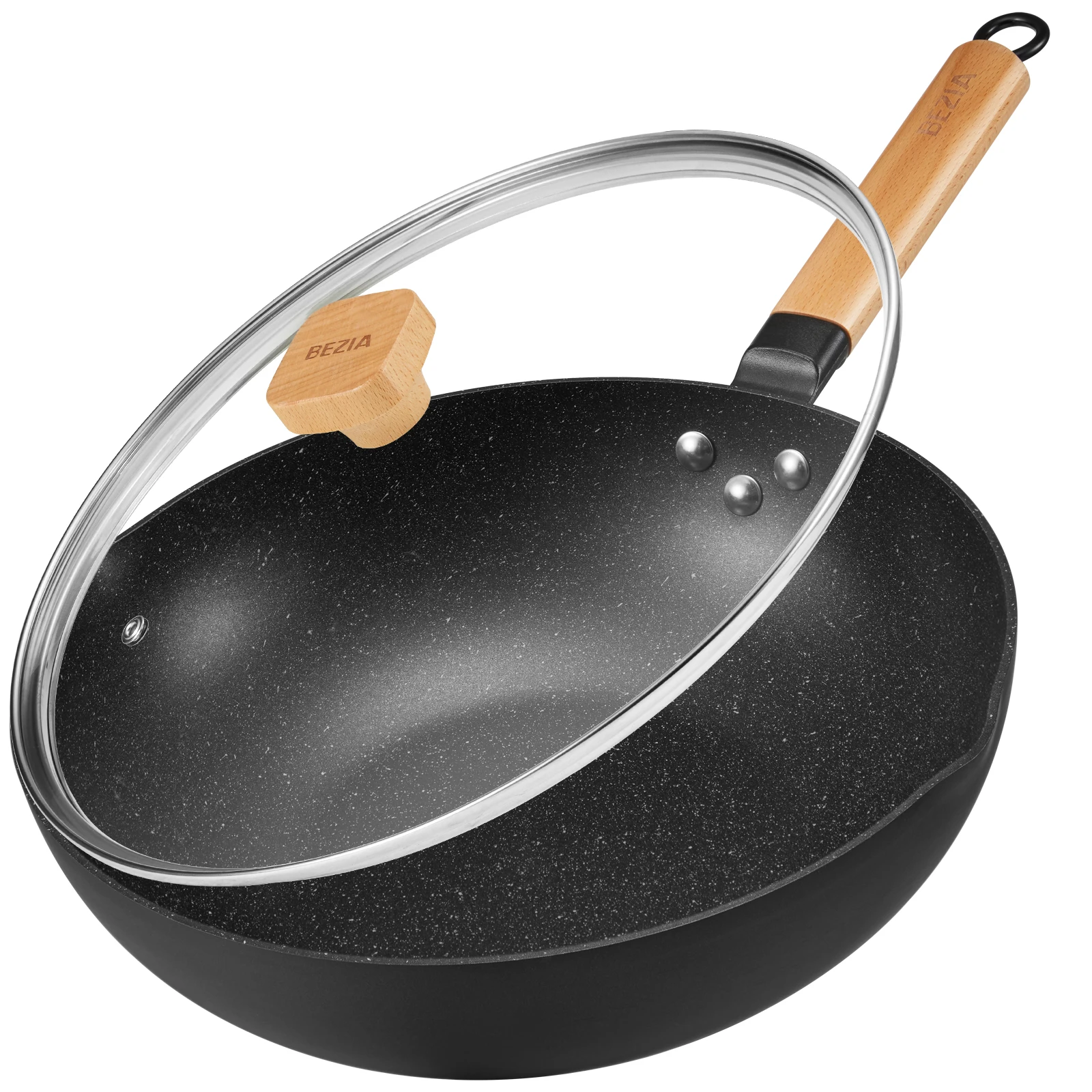 Induktions-Wok mit Deckel, antihaftbeschichtete Wok-Pfanne 30 cm, Bratpfanne mit Holzgriff, einfaches Reinigen und ofensicher, für alle Kochfelder Image
