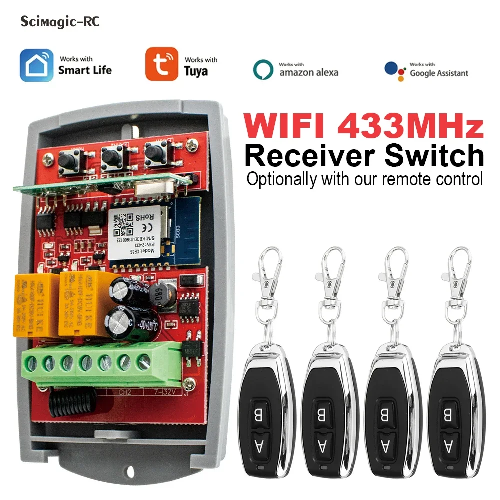 433,92 MHz Universal Tuya 2ch Funk fernbedienung empfänger AC DC 7-32V 220V 433MHz Controller für Gate Control Opener Image